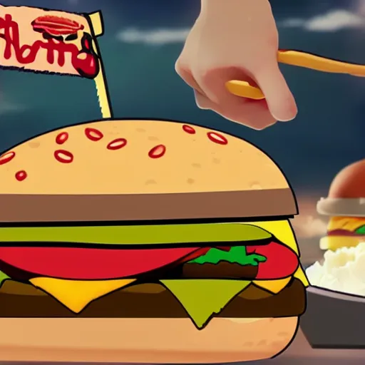 Prompt: a hamburger in an anime battle, drawing, cinematic,