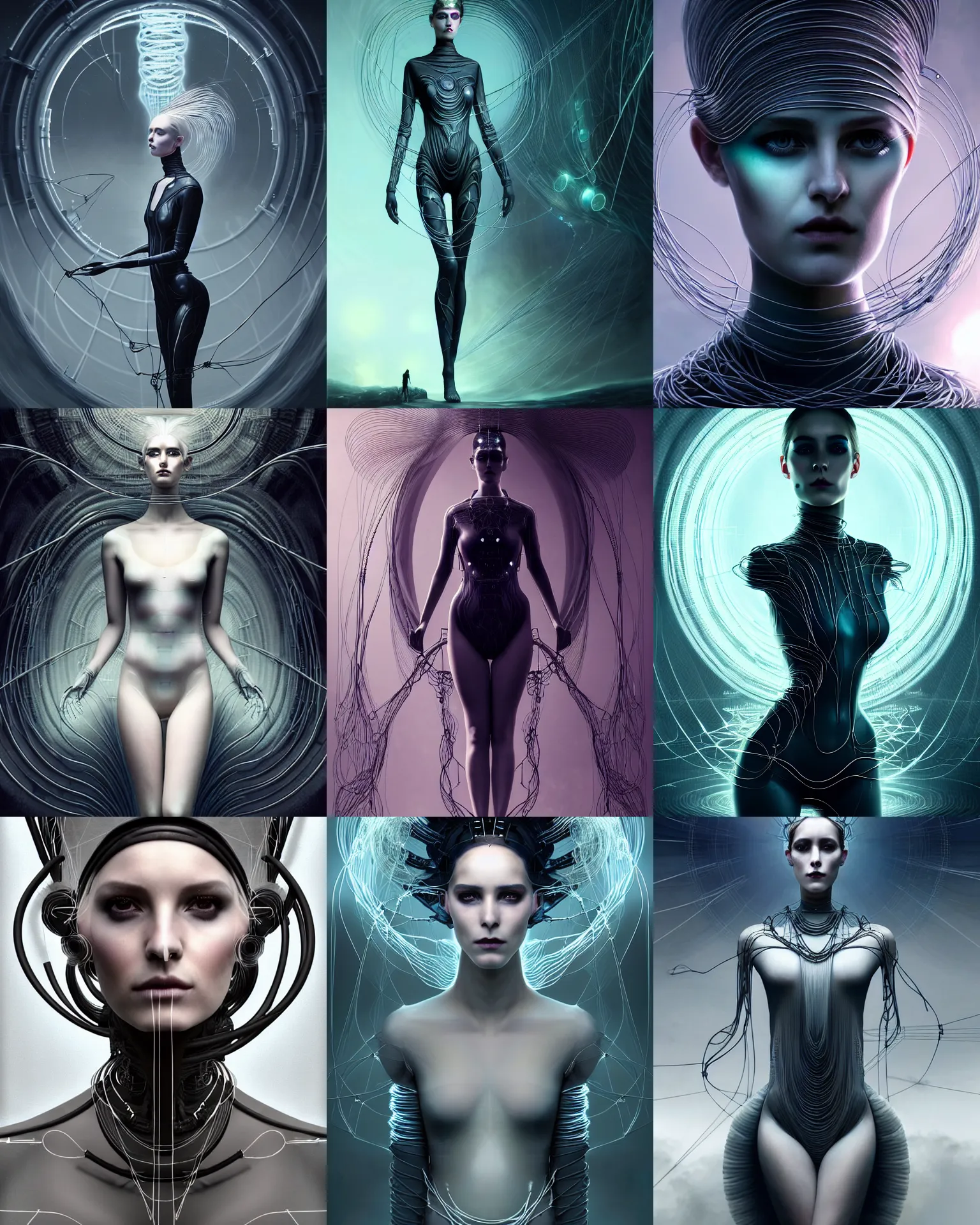 Prompt: charlie bowater and tom bagshaw symmetrical full body character portrait of the borg queen of sentient parasitic flowing ai, floating in a powerful zen state, avant garde supermodel, beautiful and ominous, wearing bodysuit made of wires and fractal ceramic, machinery enveloping nature in the background, artstation scifi character digital concept, unreal engine, hyper realism, sharp focus