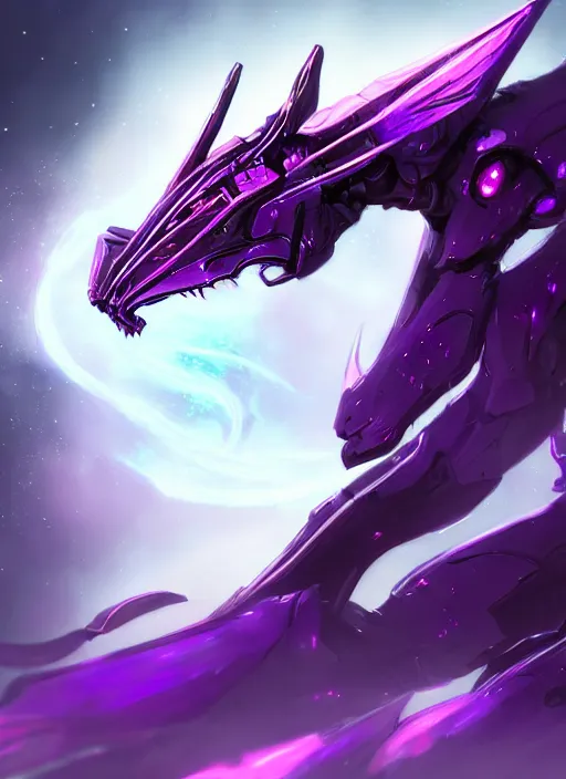 Image similar to cinematic goddess full shot, beautiful stunning hot anthropomorphic robot mecha female dragon, sleek dragon head, metal ears, led purple eyes, smooth fuschia skin, smooth silver armor, floating in space, holding a galaxy, epic proportions, epic size, epic detail, furry art, dragon art, giantess art, warframe fanart, furaffinity, octane