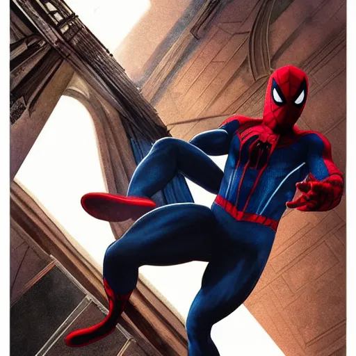 Image similar to ryan reynolds as spider - man, wearing a black and blue suit, cinematic, volumetric lighting, f 8 aperture, cinematic eastman 5 3 8 4 film, photorealistic by greg rutkowski, by stanley artgerm, by alphonse mucha