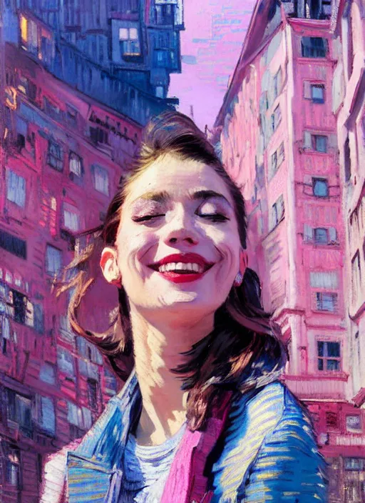 Image similar to portrait of a beautiful girl, city backdrop, smiling, ecstatic, eyes closed, open mouth, shades of pink and blue, beautiful face, rule of thirds, intricate outfit, spotlight, by greg rutkowski, by jeremy mann, by francoise nielly, by van gogh, digital painting