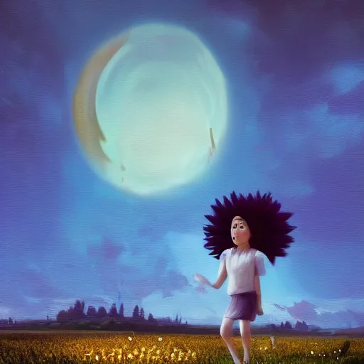 Image similar to giant daisy flower as a head, girl walking in flower field, surreal photography, moon light, dark night, dramatic, impressionist painting, clouds, digital painting, artstation, simon stalenhag