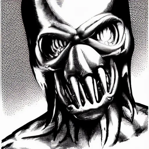 Prompt: wall street journal hedcut portrait of predator from the movie predator