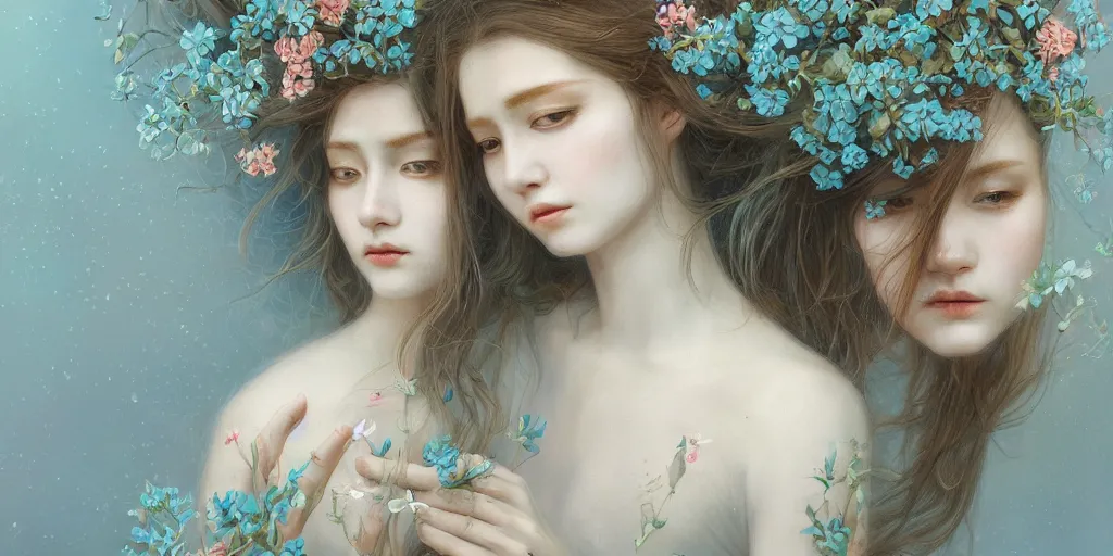 Image similar to breathtaking detailed concept art painting portrait of two hugs goddess of light blue flowers, carroty hair, orthodox saint, with anxious piercing eyes, ornate background, amalgamation of leaves and flowers, by hsiao - ron cheng, extremely moody lighting, 8 k