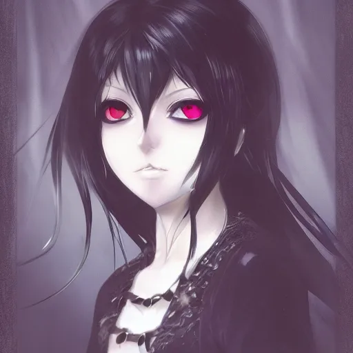 Image similar to headshot of a young gothic anime woman with black hair and golden highlights, wearing a black necklace and with pretty makeup, drawn by WLOP, by Avetetsuya Studios, anime drawing, trending on artstation