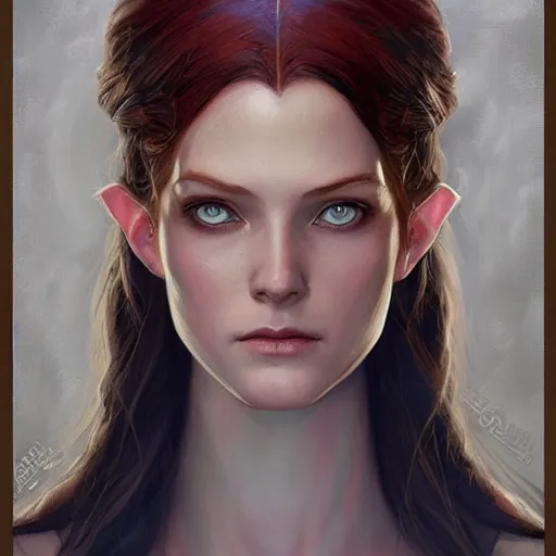 Prompt: A detailed matte oil on canvas head on symmetrical portrait of a beautiful elven woman with blue red eyes and red hair by greg rutkowski and Charlie bowater, trending on artstationhd, dungeons and dragons art critical role