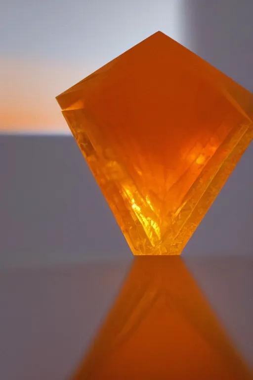 Image similar to a giant orange and yellow crystal on a white table near a window at sunset, hyperrealistic, highly detailed, high qualit, 8K, godrays, warm lighting, path traced, high coherence, calm, macro photo, symmetrical, photorealistic, low contrast, serene landscape, beautiful, geometric