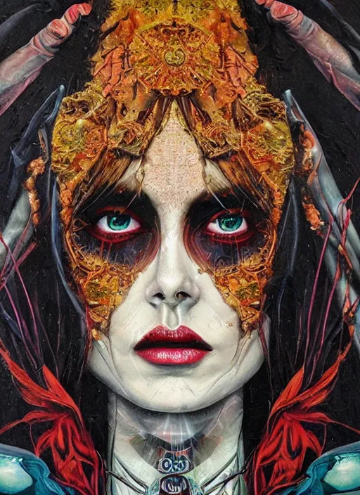 Prompt: tripping cult magic psychic woman, subjective consciousness psychedelic, epic occult ritual symbolism story iconic, dark robed witch, oil painting, robe, symmetrical face, greek dark myth, by sandra chevrier, masterpiece
