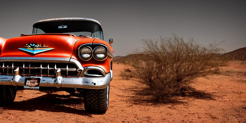 Prompt: rusty 1957 Chevrolet Bel Air, off-road, lifted, 4x4, K10, trophy truck, cinematic, Maxxis, 8k, depth of field, mexican desert, bokeh, DAKAR.