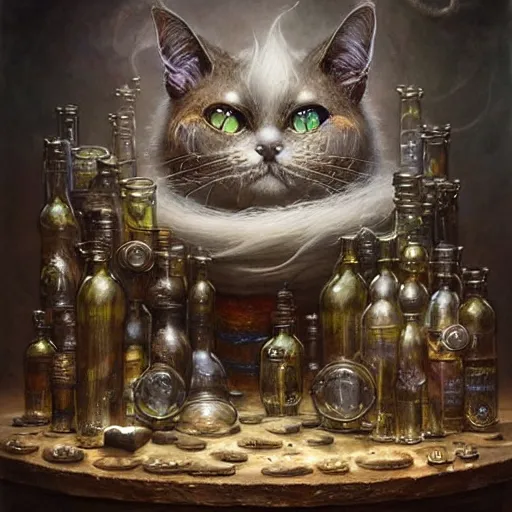 Image similar to a beautiful detailed 3d matte portrait of a alchemist cat, by ellen jewett, by tomasz alen kopera, by Justin Gerard, ominous, magical realism, texture, intricate, skull, skeleton, whirling smoke, alchemist bottles, radiant colors, fantasy, volumetric lighting, high details