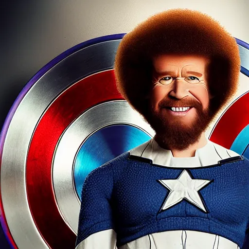 Image similar to Bob Ross as Captain America, photography, portrait