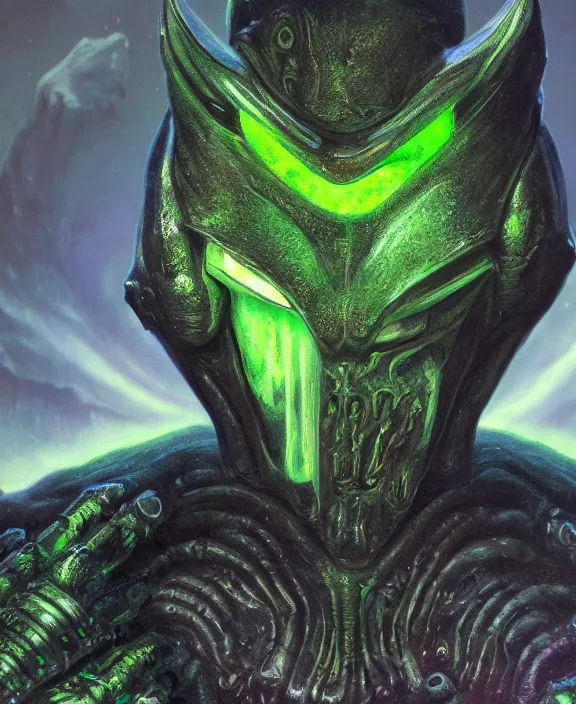 Image similar to a detailed portrait of a menacing armoured alien with glowing green eyes and a crown of jade and topaz crystals by Wayne Barlowe, 4k resolution, photorealistic