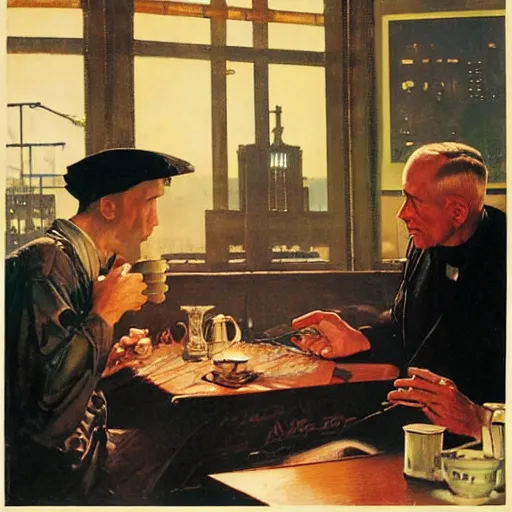 Image similar to a blade runner nexus 6 replicant takes tea with a vicar, painted by norman rockwell and tom lovell and frank schoonover