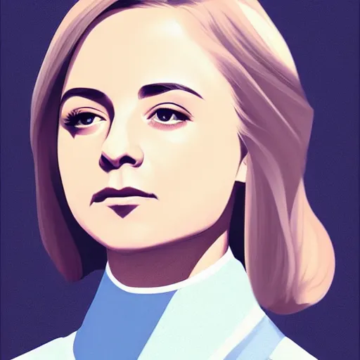 Prompt: natalya poklonskaya as young female, young female prosecutor at her job, muted colors, matte print, pastel colors, 2d, ultra highly detailed, smooth, sharp focus, digital art, digital painting, fan art, elegant, artstation, head is centered, by Ilya Kuvshinov