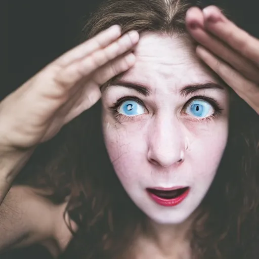 Prompt: first - person photograph of a terrified woman, white space, 4 k, professional photography, extreme detail, realistic facial features, eye contact