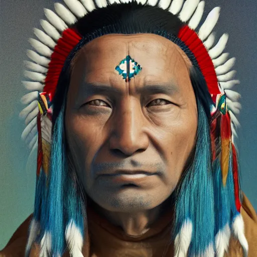 Image similar to abstract 3d portrait Native American in his traditional clothes age 40 by james jean and Jason Chan, rendering, redshift, octane