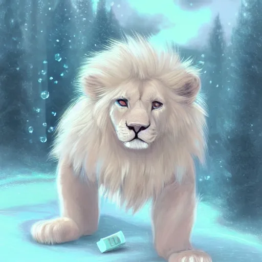 Image similar to aesthetic portrait commission of a albino male furry anthro lion cub popping floating bubbles while wearing a cute mint colored cozy soft pastel winter outfit, winter Atmosphere. Character design by charlie bowater, ross tran, artgerm, and makoto shinkai, detailed, inked, western comic book art, 2021 award winning painting