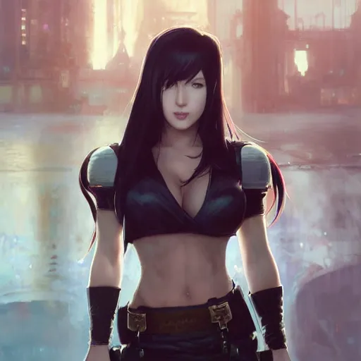 Prompt: a portrait painting of tifa from final fantasy 7, steam punk city of midgard as backdrop, by greg rutkowski, artgerm, wlop, ruan jia, krenz cushart, alphonse mucha, marble, gold, unreal engine 5