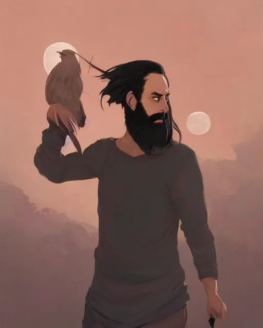 Prompt: portrait of a man with long black hair and beard holding a bird in his hands, full moon in the background, fine portrait, beautiful, concept art, by greg rutkowski, style of tomer hanuka