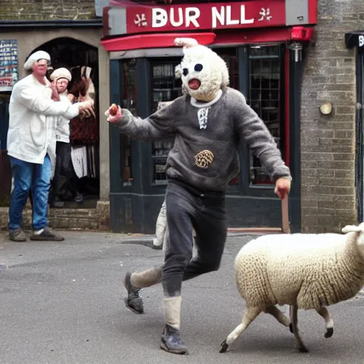 Image similar to man in sheep costume fighting outside a british pub