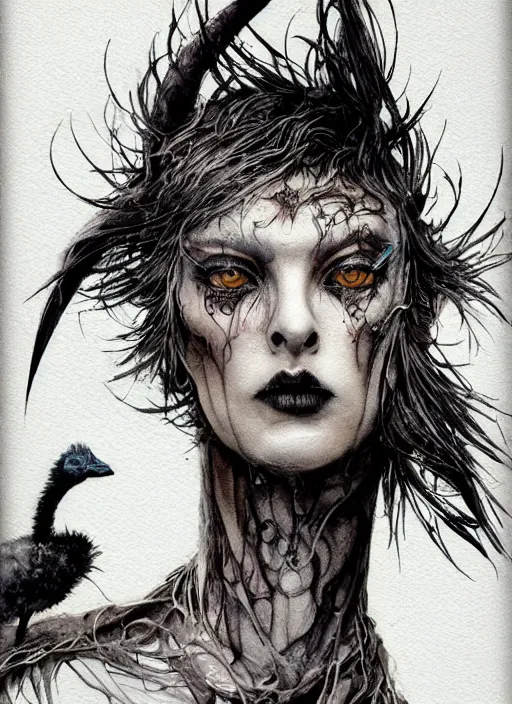 Image similar to portrait, goth emu, watercolor, dramatic lighting, cinematic, establishing shot, extremely high detail, foto realistic, cinematic lighting, pen and ink, intricate line drawings, by Yoshitaka Amano, Ruan Jia, Kentaro Miura, Artgerm, post processed, concept art, artstation, matte painting, style by eddie mendoza, raphael lacoste, alex ross