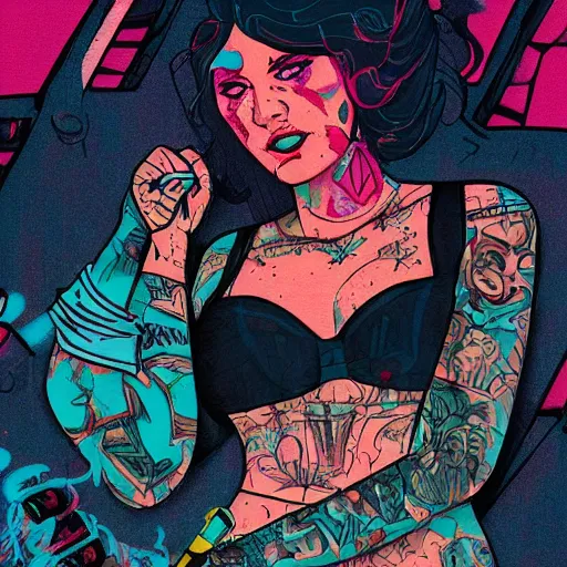 Prompt: a colorfully detailed comic noir style illustration of a tattooed woman posing next to a pink Cadillac in a post-apocalyptic desert by queens of the stone age and sachin teng, dark vibes, street art, cinematic, high contrast, depth of field