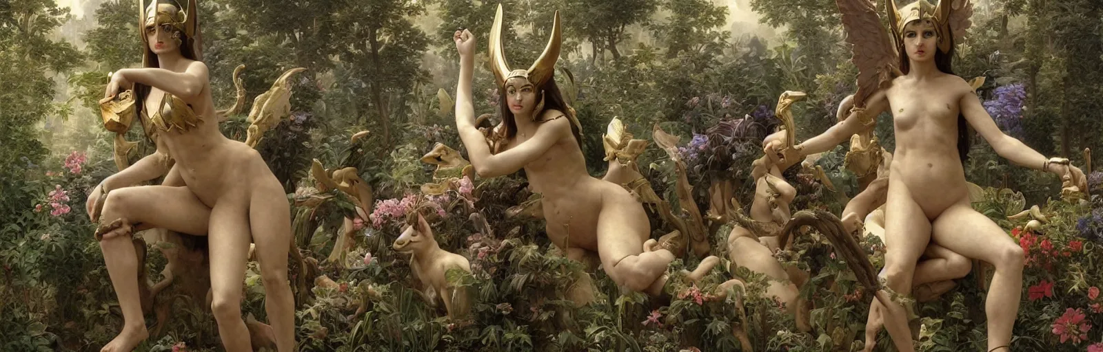 Prompt: Mystical Anubis Valkyrie, Regal, Realistic, Refined, Detailed Digital Art, Oil Painting, William-Adolphe Bouguereau, Ultra realistic, beautiful illustration, Atlantean female armored warriors, sitting among flowers and vegetation, Magical Forest, Michael Cheval, Esao Andrews, Steampunk, Walt Disney (1937), sci-fi, fantasy, intricate, elegant, highly detailed, digital painting, artstation, concept art, smooth, clear, sharp focus, illustration, art by Stanley Lau, Art Frahm, François Boucher, hyper detailed, intricate, hyperrealistic, cinematic lighting, volumetric lighting, dramatic lighting, moody, octane render, ultra view, depth --uplight, magical atmosphere, HYPER REALISTIC VFX SIMULATION, 30mm, by Noah Bradley trending on ArtStation, deviantart, high detail, stylized portrait H 640