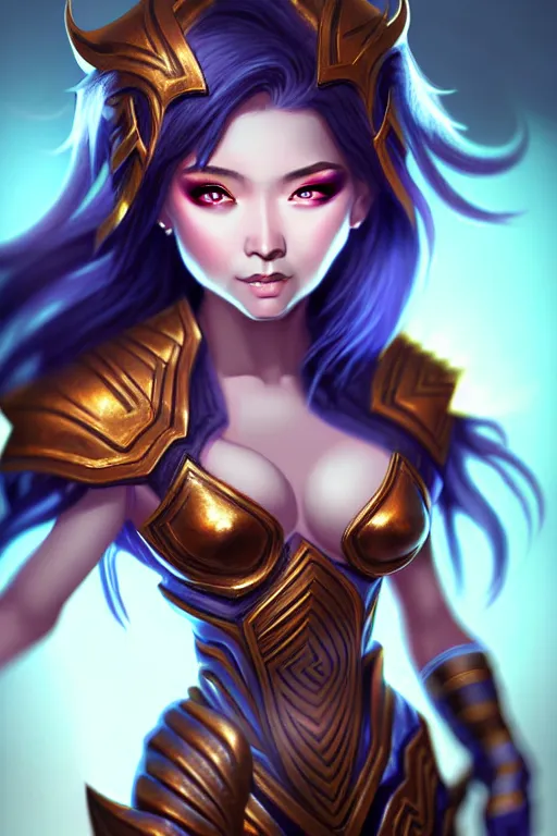 Image similar to young sakimi chan, fantasy armor, detailed face, dynamic lighting, tony sart