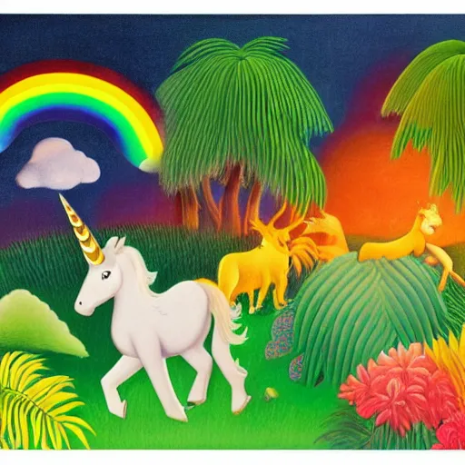 Prompt: A unicorn walking over a rainbow in the jungle by Henri Rousseau and Isami kondo, trending on artstation