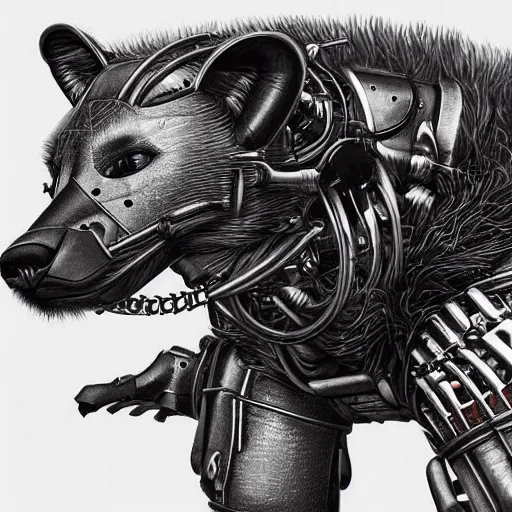 Image similar to cybernetic hyena, bladerunner style, cyborg with lots of metal and wires, realistic highly detailed concept art