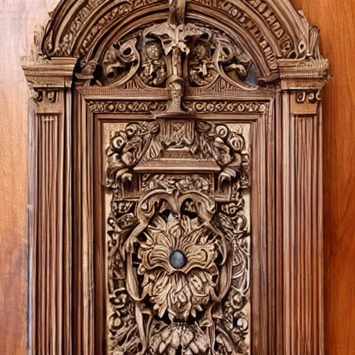 Prompt: adornment, beautifier, caparison, doodad, embellisher, embellishment, frill, garnish, garnishment, garniture, ornament, ornamentation, setoff, trim, symmetry, perfection, masterpiece, classical design, beautiful gate emblem, gorgeous engraving