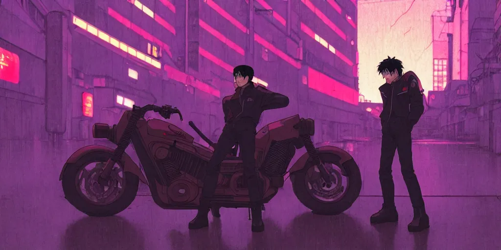 Image similar to twilight lighting, moody, atmospheric, solarpunk, kaneda and his motorcycle from akira, rainy, in the art style of neon genesis : evangelion, 8 0 s anime style, by ghibli studio and victor ngai, ghost in the shell art style, akira artstyle, pixar highly detailed, 8 k h 5 7 6