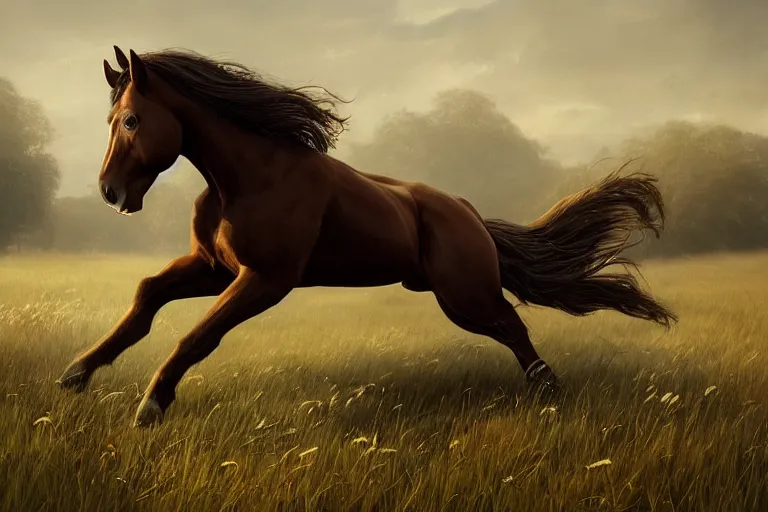 Image similar to a stunning horse, right anatomy, 4 legs, running through a meadow by greg rutkowski, high key lighting, volumetric light, digital art, highly detailed, fine detail, intricate, ornate, complex, octane render, unreal engine, photorealistic