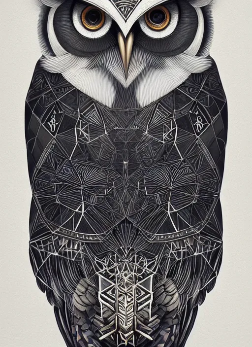 Image similar to portrait of a geometric owl, identical eyes, medium shot, illustration, full body made of white feathers, symmetrical, art stand, super detailed, cinematic lighting, and its detailed and intricate, gorgeous, by peter mohrbacher