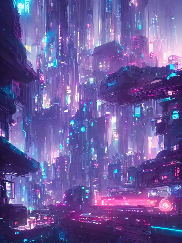 Prompt: Scene concept design of a future science fiction city，Cyberpunk style，rtx on， by moebius, Neil Blevins and Jordan Grimmer, neon lights, surreal