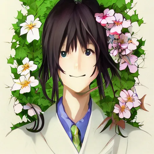 Anime picture of a middle-aged gardener talking to a cute among flowers,  large garden with very beautiful flowers of various kinds around them,  numerous flowers, large garden crowded with flowers, many many