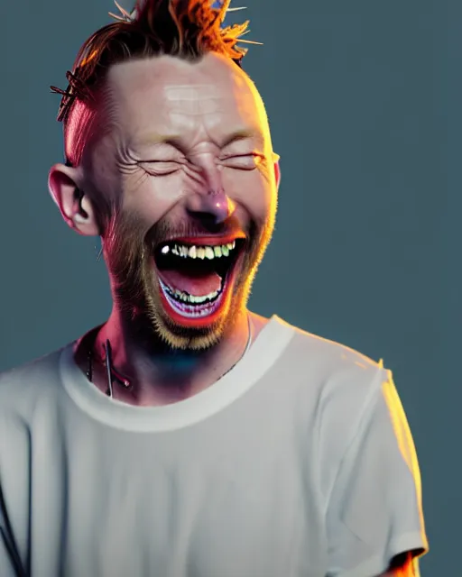 Image similar to a biomorphic portrait of thom yorke laughing, 4 k, octane high quality render