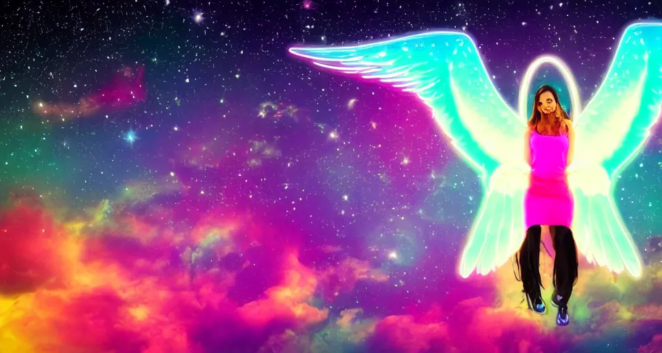 Image similar to a beautiful angel floating in space with neon wings