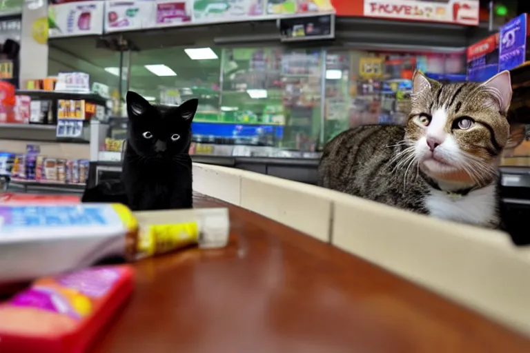 Image similar to cat on the counter in 7 - eleven next to a pack of cigarettes wide angle lens