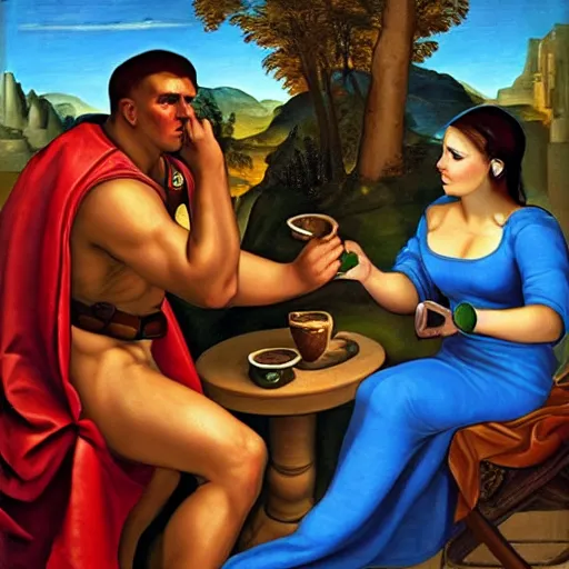 Prompt: doomguy with shantae drinking tea, Renaissance painting,