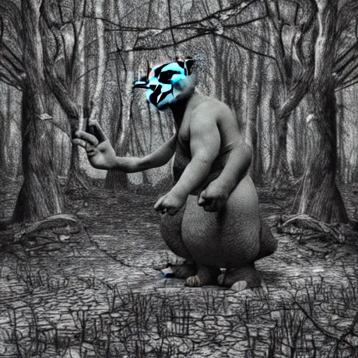 Prompt: security camera of mutant shrek in dark forest, black and white, dramatic lightning, high detailed, photorealism