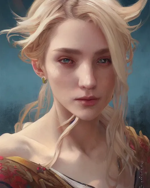 Image similar to '' Portrait of Beautiful blonde Slavic woman in her early 30’s, league of legends, LOL, fantasy, d&d, digital painting, artstation, concept art, sharp focus, illustration, art by greg rutkowski and alphonse mucha ''