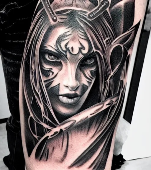 Image similar to tattoo design on white background of a beautiful girl warrior, tiger head above, hyper realistic, realism tattoo, by eliot kohek, beautiful eyes, realistic face, black and white