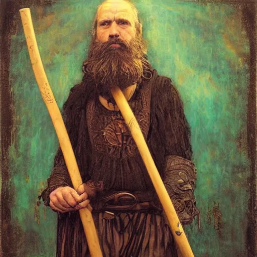 Prompt: bearded man, holding wooden staff, titian , Tom bagshaw, sam spratt, Mayfield parish, Gustav Klimt, intricate, natural colors, art nouveau