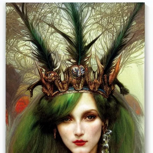 Image similar to a detailed portrait of a green haired queen of feathers with an antler crown by wayne barlowe and mucha