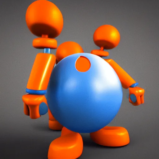 Prompt: evil simple sphere blue and orange robot with arms and legs and big eyes, 3d render