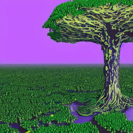 Prompt: a map of a world with trees, large eyes, purple swamps, a nuclear explosion, violet sunrises, and scientific computer components everywhere