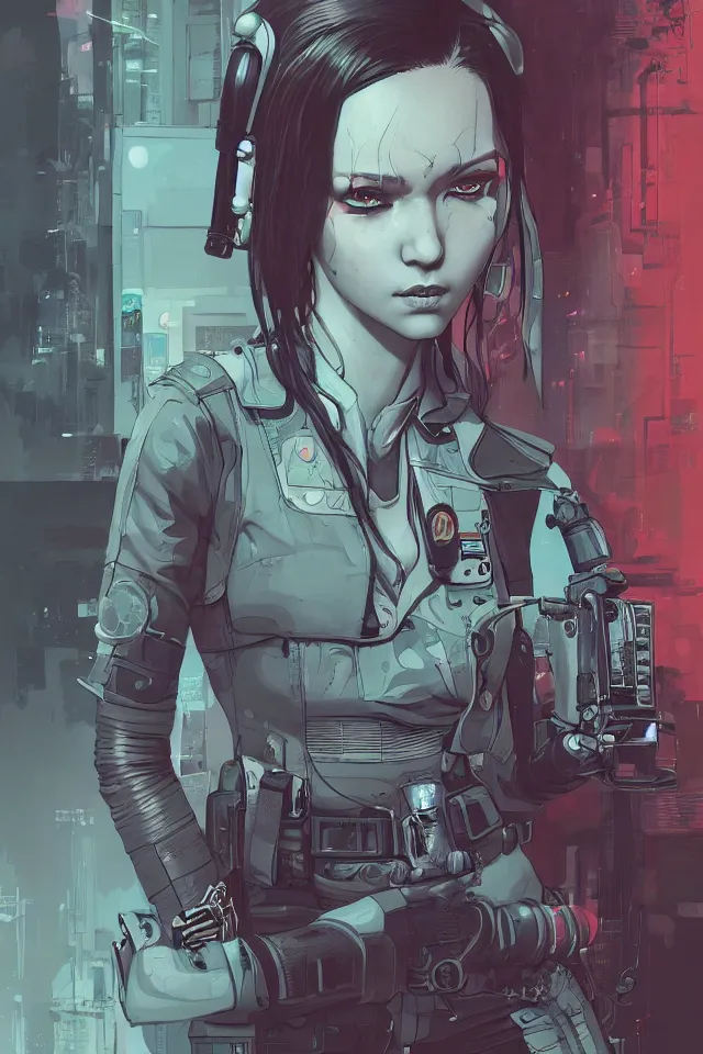 Image similar to very detailed, prophet graphic novel, ilya kuvshinov, rutkowski, simon roy, james jean, illustration of a cyberpunk military woman, colorful, deep shadows, hyperrealism, photorealistic