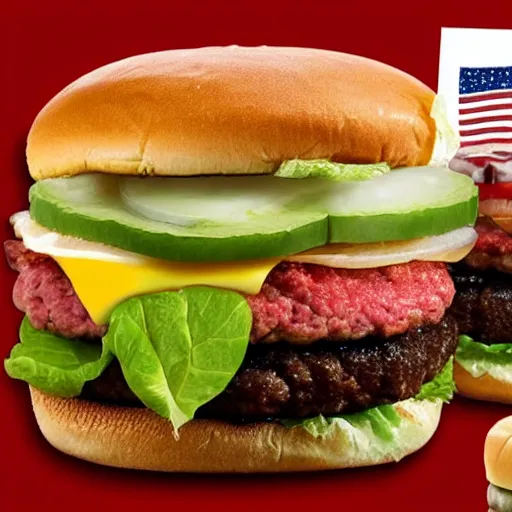 Image similar to american flag burger, a burger with lettuce, patty, ketchup, american flag, pickle, mayonnaise