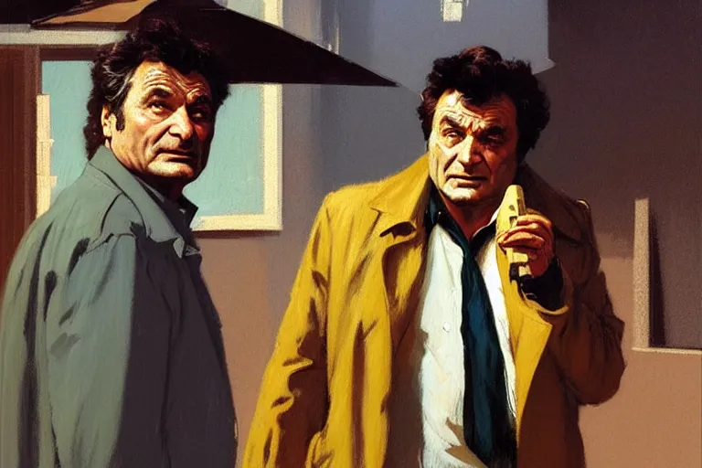 Image similar to homicide detective columbo ( peter falk ) in his messy trenchcoat, smoking a cigar while rubbing his head thinking. 1 9 8 0 s oil painting in the style of edward hopper and ilya repin gaston bussiere, craig mullins, j. c. leyendecker. warm colors. detailed and hyperrealistic. concept art